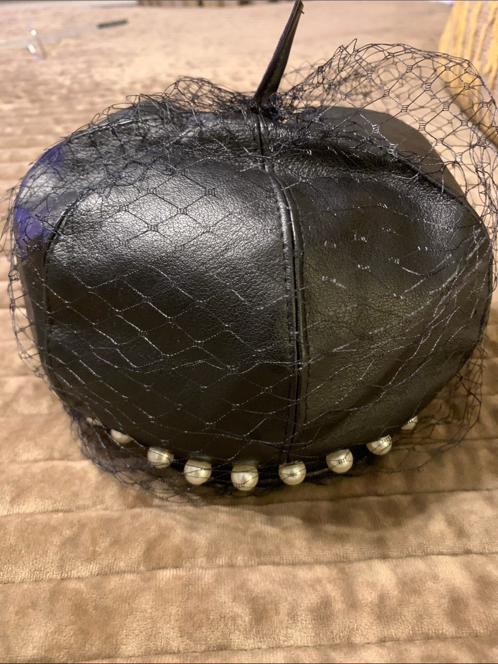 Black Faux Leather Beret with Pearl Trim and Veil